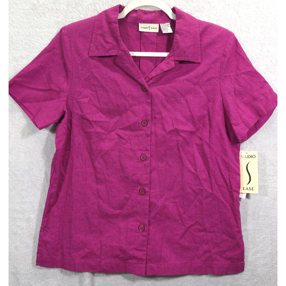 Studio Ease Button Up Top Linen Blend Shoulder Pads‎ Women 8 Fuchsia Office Vtg